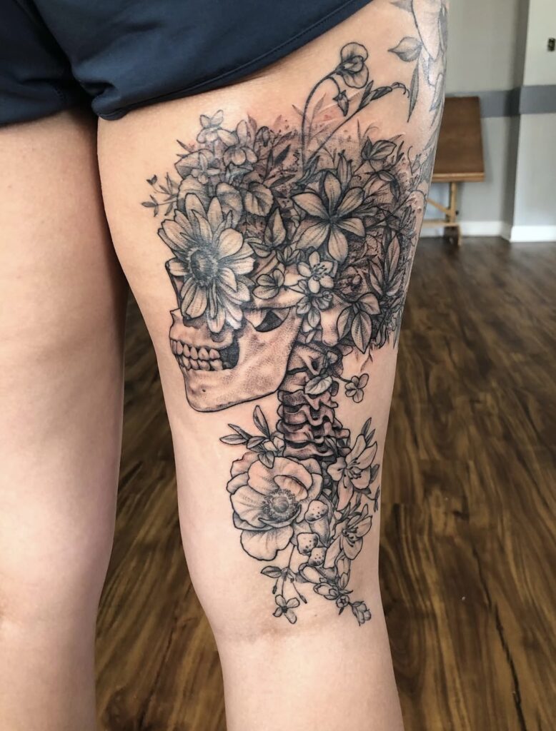 memento mori in black and grey with skull and florals on thigh