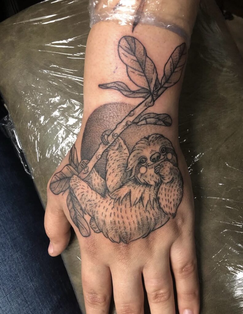 black and grey sloth on hand
